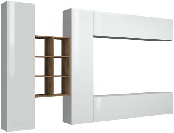 Dmora Ausgestattete Wand Agna, 4-türiges TV-Ständer-Wohnzimmerset, Mehrzweck-Wohnzimmermöbel, 100 % Made in Italy, 280 x 30 x 180 cm, glänzendes Weiß und Ahorn,