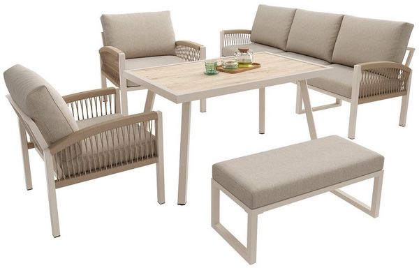 i@home Gartenlounge-Set, (5-tlg), für 7 Personen, mit 1 Tisch, 1 Sofa, 1 Bank & 2 Sesseln, Wetterfeste