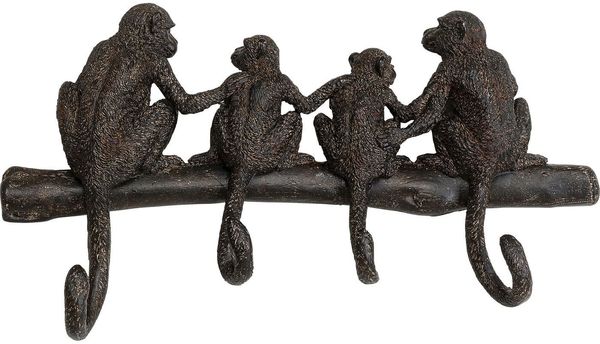 Kare Design Wandgarderobe Monkey Family, Braun, 38 cm, Garderobenleiste mit 4 Haken, Vintage-Stil, Motiv AFFE, Wanddekoration, Flur