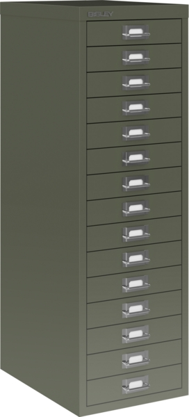 Bisley Multidrawer Schubladenschrank aus Metall mit 15 Schubladen DIN A4 ohne Sockel - Farbe: Olivgrün, L3915-623