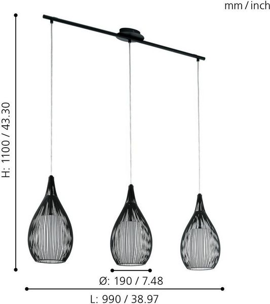 Eglo 94389 Pendelleuchte RAZONI schwarz mit satiniertem Glas L=99cm max. 3X40W Bild 2