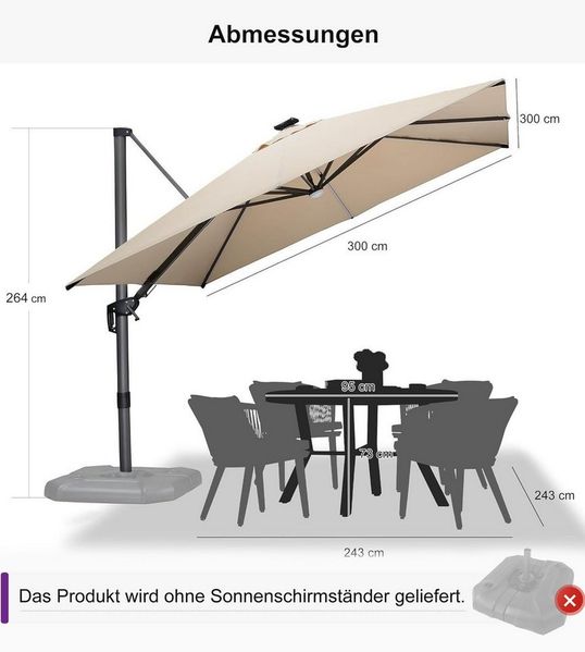 PURPLE LEAF Ampelschirm Quadrat Alu Balkonschirm, Groß Sonnenschirm LED, LxB: 300,00x300,00 cm, für Garten, Terrasse, Pool