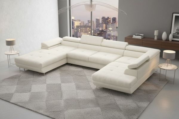 Wohnlandschaft Schlafsofa GIANLUCA in Stoff Gerra Creme Ottomane 105 cm Links