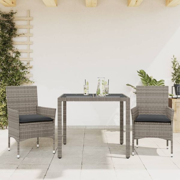 vidaXL 3-tlg. Garten-Essgruppe mit Kissen Grau Poly Rattan und Glas 3278555