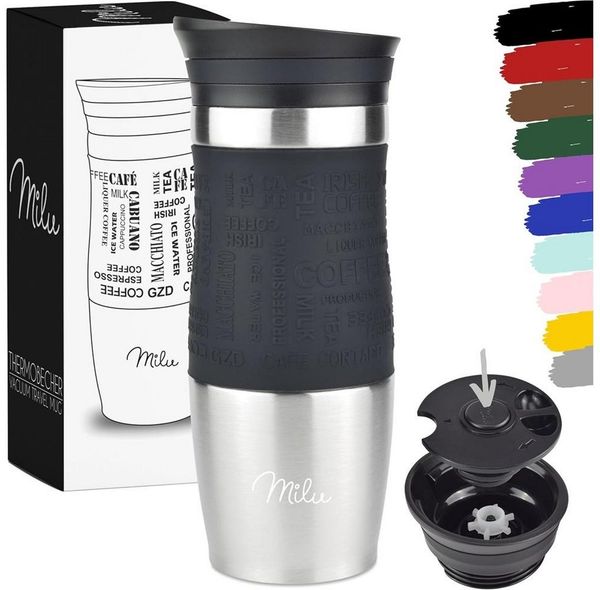 Milu Thermobecher Kaffee to go 370ml, Isolierbecher Kaffeebecher, Autobecher, silber, schwarz