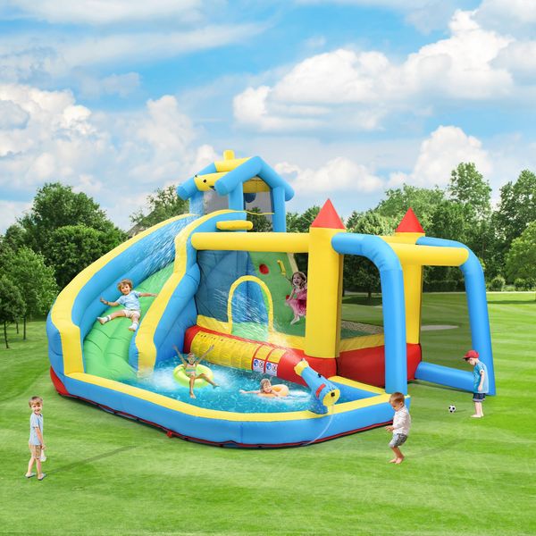 LVHOM Aufblasbare Hüpfburg mit Gebläse, Spielpool, Trocken-/Wasserrutsche, Springburg Outdoor, Wasserpark mit Trampolin, Planschbecken, 364 x 315 x 239cm
