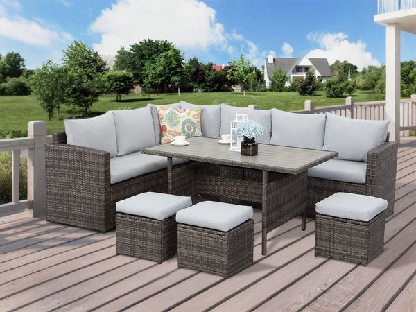MeXo Gartenlounge-Set Polyrattan Ggartenmöbel Set 8 Personen mit Tisch, (Belastbarkeit pro Sitzplatz bis zu 140kg, 7-tlg, 3x Hocker, 2x 2er Sofa, 1xEcksofa, Tisch 132x76x67cm, Inkl. Auflagen), wetterfestes Loungemöbel Set für Terrasse und Garten