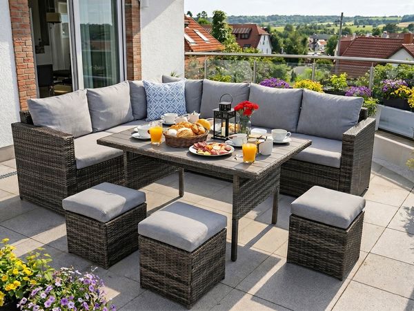 MeXo Gartenlounge-Set Polyrattan Gartenmöbel Set 8 Personen mit Esstisch, (Belastbarkeit pro Sitzplatz bis zu 140kg, 7-tlg, 3x Hocker, 2x 2er Sofa, 1xEcksofa, Tisch 132x76x67cm, Inkl. Auflagen), wetterfestes Loungemöbel Set für Terrasse und Garten