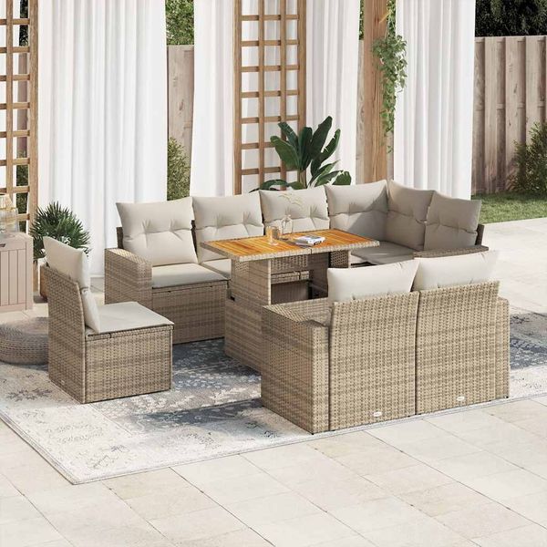 vidaXL 9-tlg. Garten-Sofagarnitur mit Kissen Beige Poly Rattan 3327054