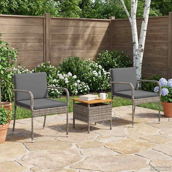 vidaXL Garten Bistro Set mit Kissen 3-teilig Grau Poly-Rattan 42025110