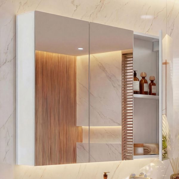 Spiegelschrank HWC-B19b, Badschrank Hängeschrank, 6 Regalböden hochglanz FSC®-zertifiziert 70x80x16cm ~ weiß