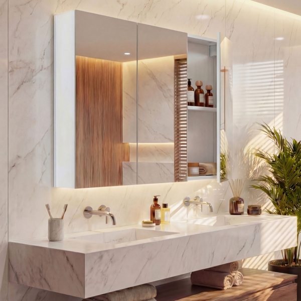 Spiegelschrank HWC-B19b, Badschrank Hängeschrank, 6 Regalböden hochglanz FSC®-zertifiziert 70x80x16cm ~ weiß