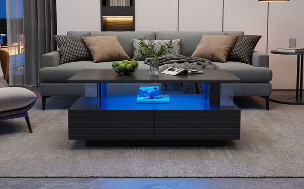 Couchtisch 100x50x42 cm mit App-LED aus Acryl, 2 Schubladen in Schwarz