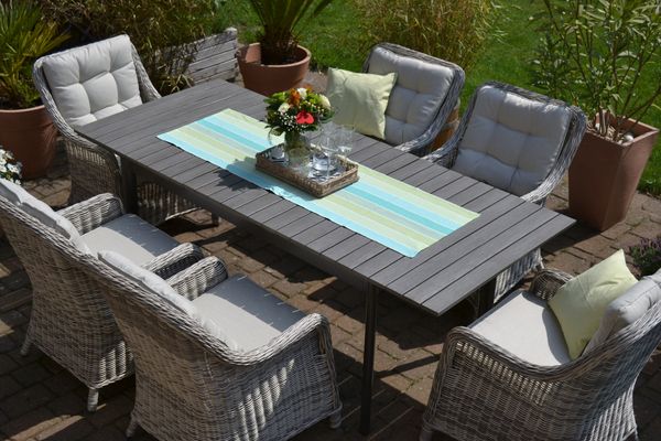 Sitzgruppe Como XL - Tisch Outfit 200/250/300x95cm + 6 Sessel Como grau Polster beige (15705)