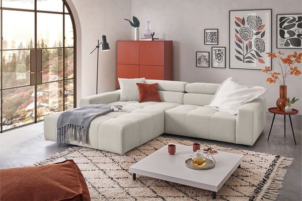 KAWOLA Sofa RENO Ecksofa Feincord silber mit motorischem Sitzvorzug Longchair links 68 x 217 x 258 cm