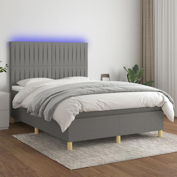 vidaXL Boxspringbett mit Matratze & LED Dunkelgrau 140x200 cm Stoff 3135598