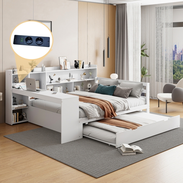 Merax Daybett Schlafsofa Aus Massivholz, 140*200 cm, Mit Schreibtisch Bücherregalen Ablagefächern und Regalen, Mit Steckdosen, Ausziehbarem Bett Unter Dem Bett, Multifunktionales Doppelholzbett, Weiß