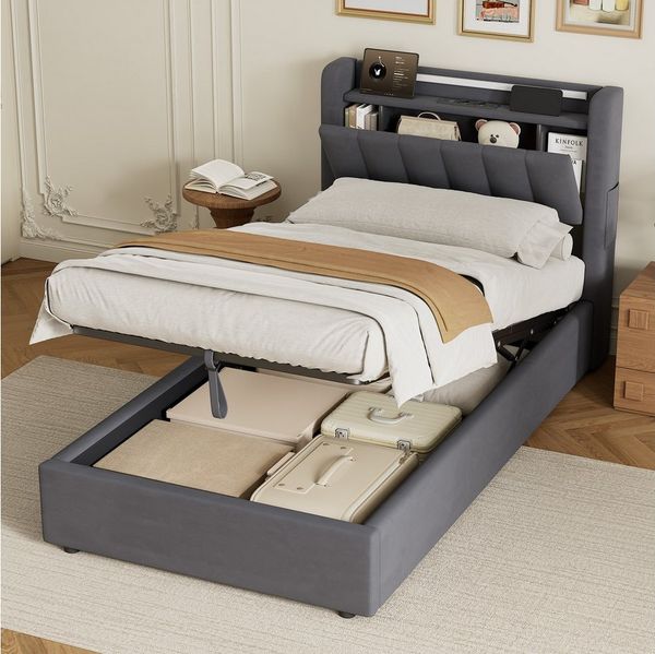 HAUSS SPOLE Polsterbett Stauraumbett mit Bettkasten,Einzelbett- oder Doppelbett erhältlich (90×200 Bettgestell Komfort-Einzelbett Schlafzimmerbett aus Samt, stabile Stahl-Holz-Konstruktion für hohen Schlafkomfort), Bettrahmen Mit Matratze