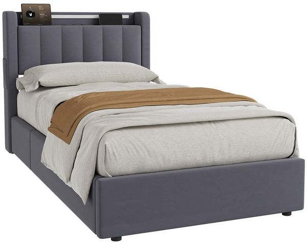HAUSS SPOLE Polsterbett Stauraumbett mit Bettkasten,Einzelbett- oder Doppelbett erhältlich (90×200 Bettgestell Komfort-Einzelbett Schlafzimmerbett aus Samt, stabile Stahl-Holz-Konstruktion für hohen Schlafkomfort), Bettrahmen Mit Matratze Bild 4