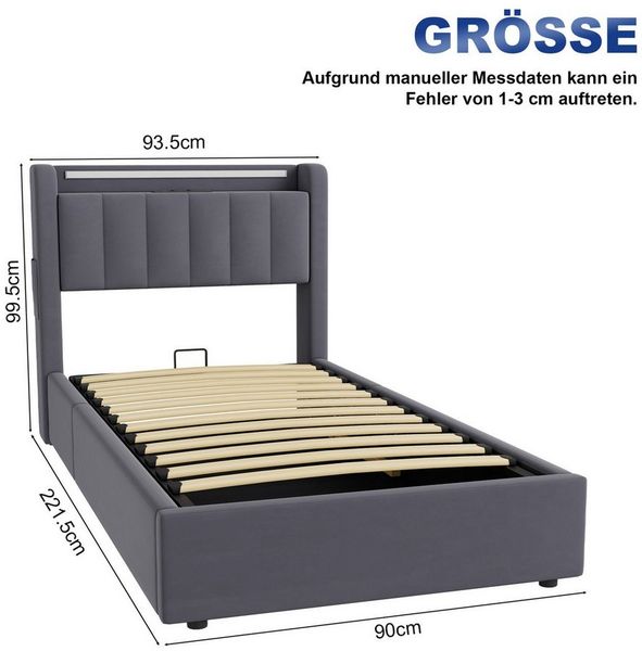 HAUSS SPOLE Polsterbett Stauraumbett mit Bettkasten,Einzelbett- oder Doppelbett erhältlich (90×200 Bettgestell Komfort-Einzelbett Schlafzimmerbett aus Samt, stabile Stahl-Holz-Konstruktion für hohen Schlafkomfort), Bettrahmen Mit Matratze Bild 3