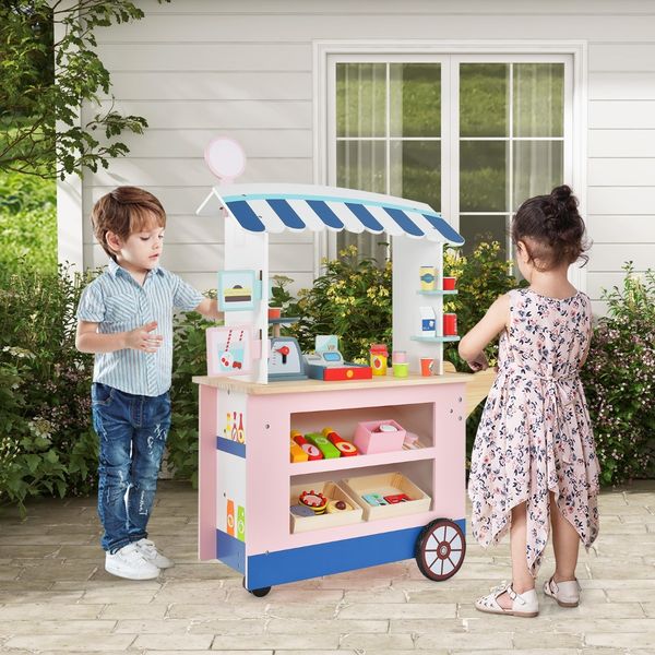 Kinder Lebensmittelwagen aus Holz auf 3 Rädern mit Kasse Foodtruck für Kinder ab 3 J.