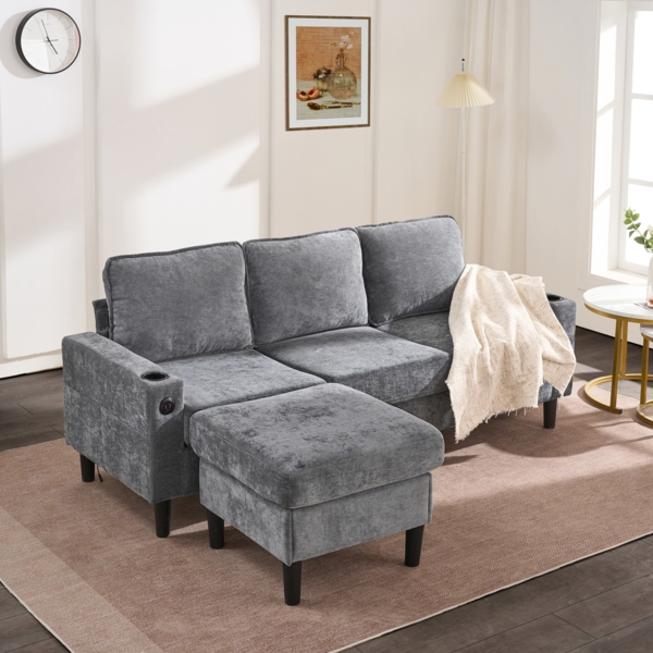 3-Sitzer-Sofa mit zwei Getränkehaltern,USB- und Typ-C-Anschlüssen, Grau