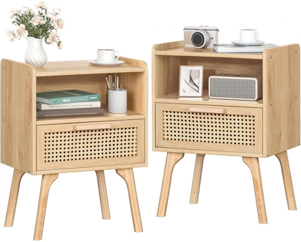 Nachttisch Set Rattan Boho Holz Schublade Regal Massivholz Sofa Beistelltisch