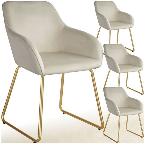tectake Esszimmerstuhl Polsterseesel in Samtoptik, Belastbarkeit 120 kg, 57 x 61 x 85,5 cm (Küchenstuhl Jeane in Samtoptik creme/gold, 4 St), höhenverstellbare Füße, durchgehende Lehne, Kufengestell aus Stahl