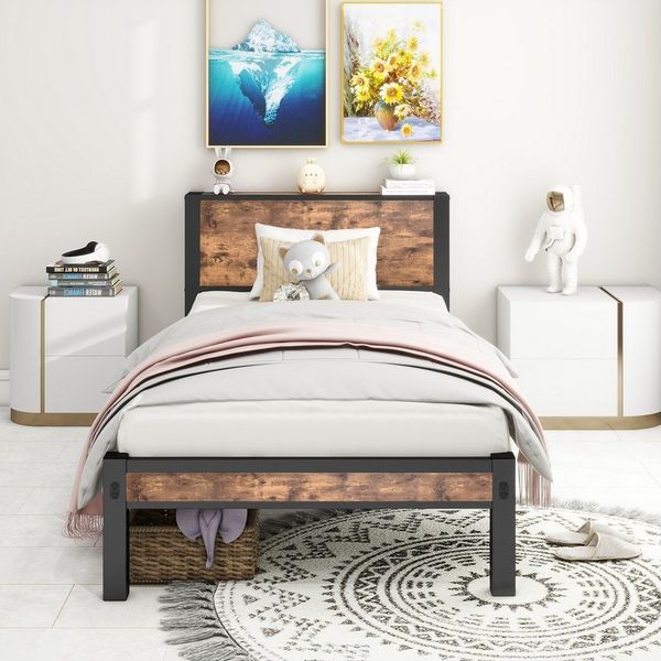 BlingBin Metallbett Einzelbett/Doppelbett Jugendbett Metallgestell mit Stauraum-Kopfteil (1er Set, 1-tlg, 90x200 cm, Ohne Matratze, Belastbarkeit maximal: 180KG), Metalluntergestell, Ohne Boxspring Notwendig, Vintage Braun