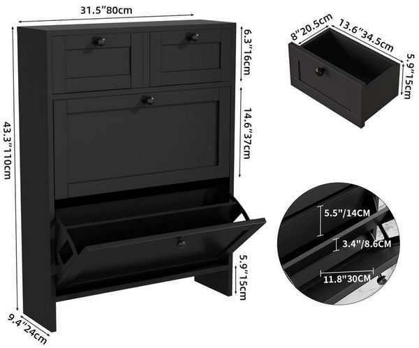 VOWNER Schuhschrank mit 2 Klappfächern, Schuhregal, 4 Fächern, verstellbar (1-St) Anti-Kipp, fürs Eingang/Flurarea, 80x24x110 cm, schwarz