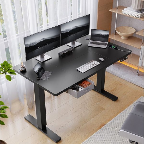 HOMALL Schreibtisch mit Memory-Funktion, höhenverstellbar, breitere Tischplatten (Tischbreite 140/160/180*80 cm, mit Schublade, ausgestattet mit USB-Ladeanschluss, bestehend aus vier Platten)