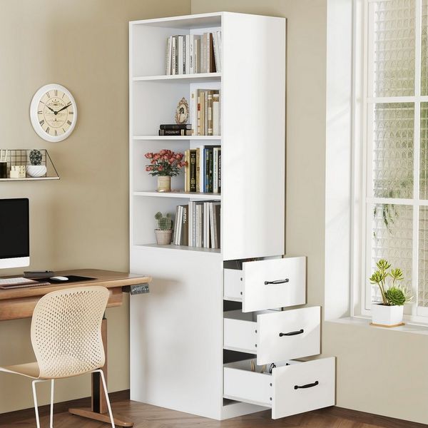 Flieks Bücherregal mit seitlichen Schubladen, links und rechts austauschbar, B60/T38/H180 cm 1-tlg, Hochschrank mit verstellbaren Einlegeböden Wohnzimmerschrank Weiß