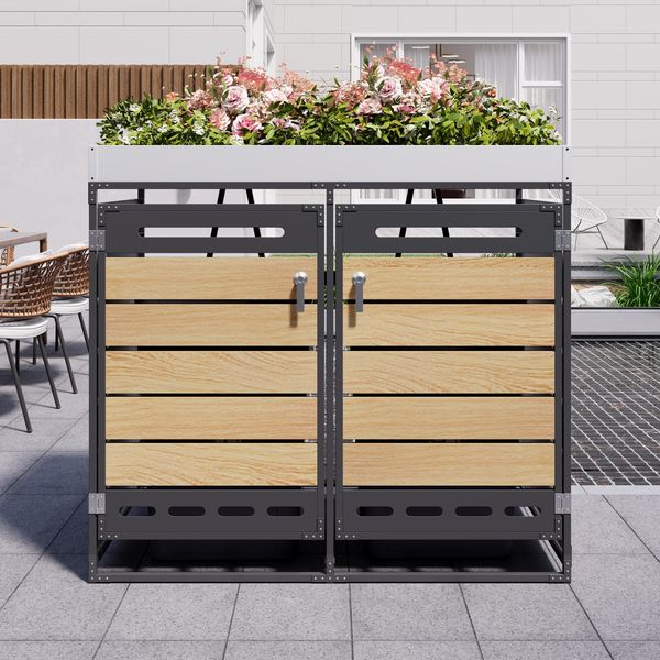 Merax Mülltonnenbox Mülltonnenschrank für 2 Tonnen 120–240L mit Pflanzkasten & Schloss