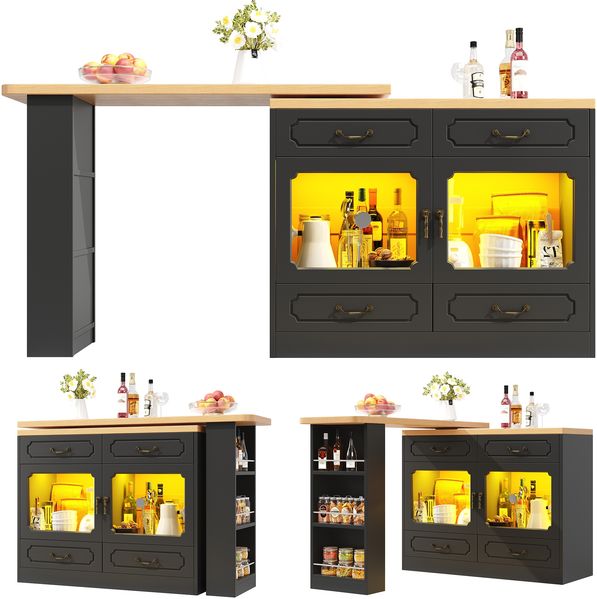 MODFU Bartisch mit LED und Stauraum (für Wohnzimmer, Schlafzimmer & Esszimmer, Mit USB Ladeanschluss, 1-St, 135-203×39×92.8cm), 360° drehbare Essbar