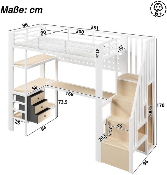 Hochbett mit RGB LED-Streifen, Regal, Schreibtisch, Schubladen und Wandgitter, 90x200 cm, Treppe mit offenem Kleiderschrank, Kinderbett, Metallbett Bild 6