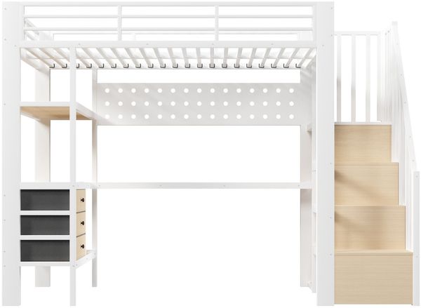 Hochbett mit RGB LED-Streifen, Regal, Schreibtisch, Schubladen und Wandgitter, 90x200 cm, Treppe mit offenem Kleiderschrank, Kinderbett, Metallbett Bild 8