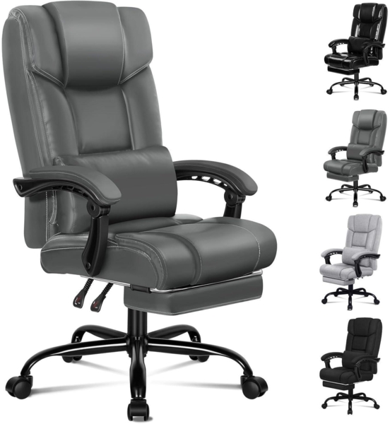 Bürostuhl ALFORDSON mit Lendenwirbelstütze, High Back, Fußstütze, Grau PU-Leder