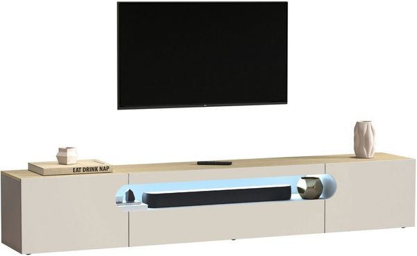 Home affaire Lowboard REAL TV-Möbel, 240 cm breit, 40/60 cm hoch, Hochglanz oder matt, mit 2 abgerundeten Türen, 1 Klappe, die ein ovales offenes Fach bilden