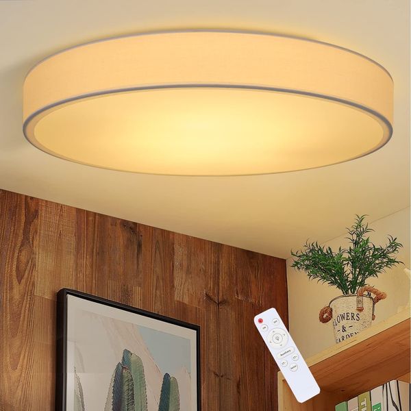 ZMH Deckenlampe LED Deckenleuchte Wohnzimmer Dimmbar mit Fernbedienung Rund Weiß Stoff Schlafzimmerlampe Lampe mit Stoffschirm Schlafzimmer Modern Stoffdeckenlampe für Küche Flur Ø38CM