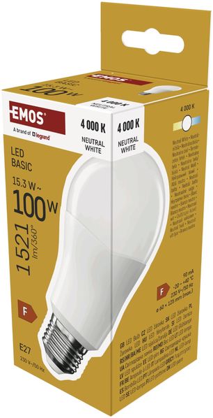 EMOS - LED-Lampe BASIC A60 - E27 Sockel - Neutralweiß - 1521 lm - 15,3W (Ersatz für 100W Glühbirne) - Lebensdauer 20 000 Stunden - Abstrahlwinkel 200° - CRI min. 80