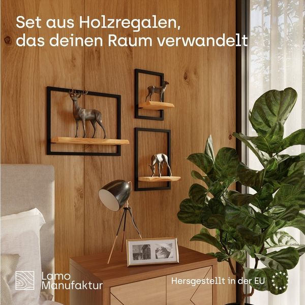 LAMO Manufaktur Wandregal Holz Set 3 St. 15/20/35cm Farbe: Nussbaum, Rahmen: Elfenbein, Schweberegal Massiv 100% Echtholz, Küchenregal Wand, Badezimmer Regal Hängend, Wandregal Wohnzimmer