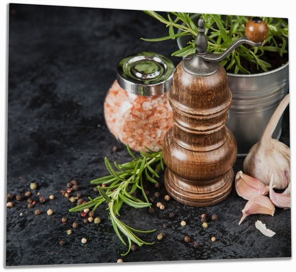 Wallario Herd-Abdeckplatte Salz und Pfeffer mit Knoblauch und Rosmarin, ESG-Sicherheitsglas, (Glasplatte, 1 tlg, inkl. 5mm Noppen), verschiedene Größen