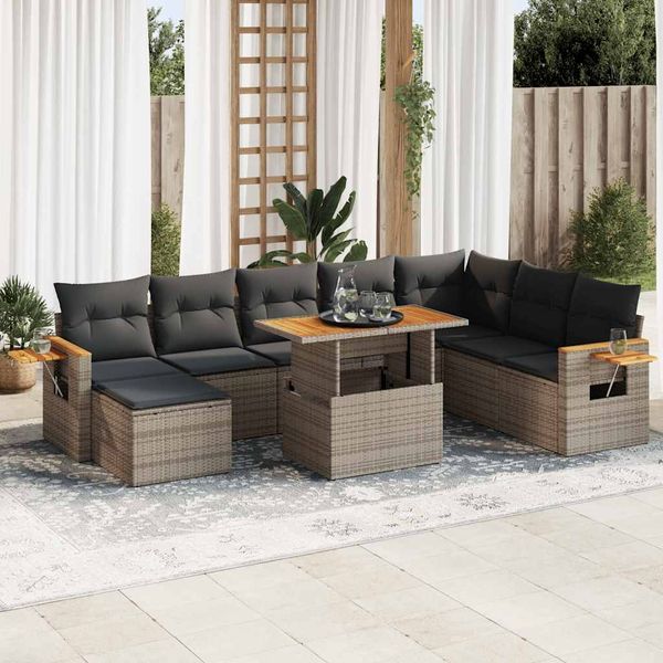 vidaXL 9-tlg. Garten-Sofagarnitur mit Kissen Grau Poly Rattan Akazie 3327637