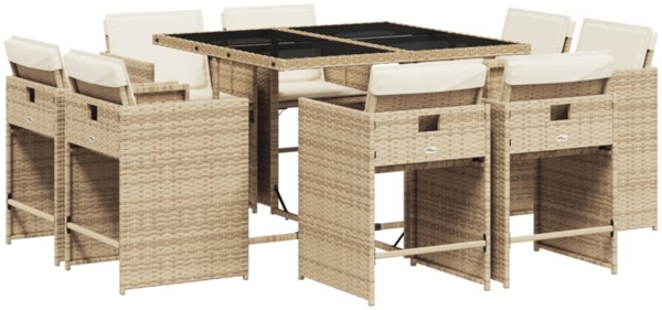 vidaXL 9-tlg. Garten-Essgruppe mit Kissen Beige Poly Rattan 3277965