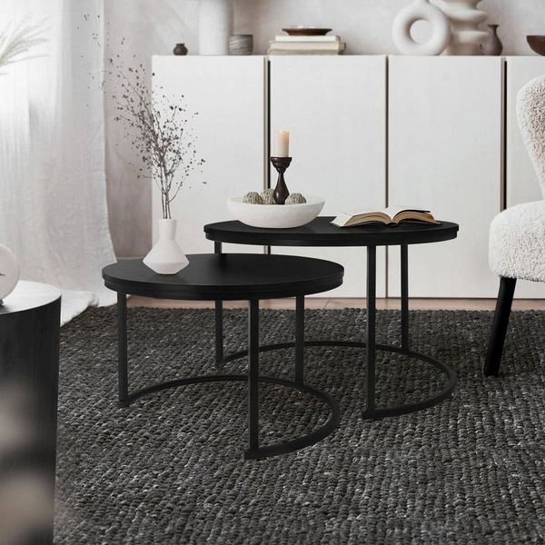ML-DESIGN Couchtisch Beistelltisch in 2 Größen MDF-Platte mit Metallrahmen Satztische, Sofatisch Kaffeetisch Wohntimmertische Set Ø 59x40 / 74x48 cm