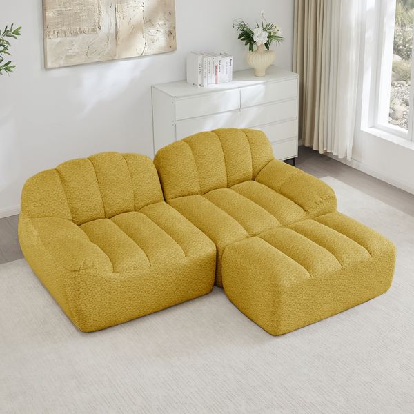 Ecksofa 2-Sitzer 79cm×210cm×165cm mit Ottoman – modulares Wohnzimmer-Sofa aus granuliertem Fleece in Gelb