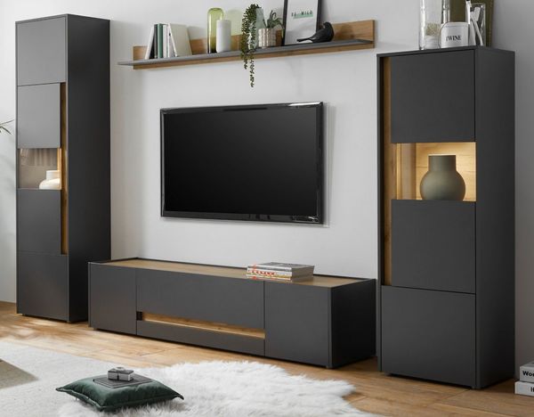 Furn. Design Wohnwand Center, (Set in grau und Wotan Eiche, 4-teilig), mit Vitrinen