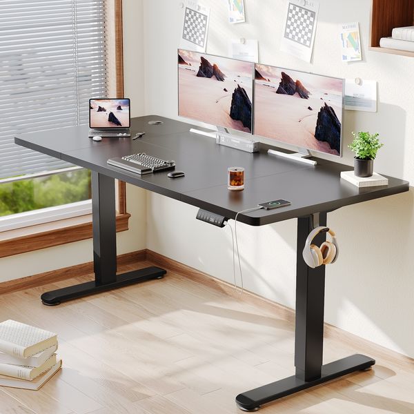 Elektrisch höhenverstellbarer Schreibtisch, Memory-Funktion, USB-Anschluss, Kabelmanagement, Holzwerkstoff / Metall, Schwarz, 160 x 80 cm, Höhe 72-118 cm