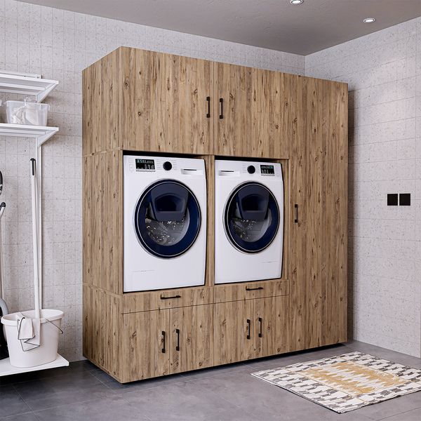 Roomart Waschmaschinenschrank / Überbauschrank - SERIE 3 – 194 cm breit – für Waschküche & Hauswirtschaftsraum – mit Schubladen & Ausziehbrett – • Eiche