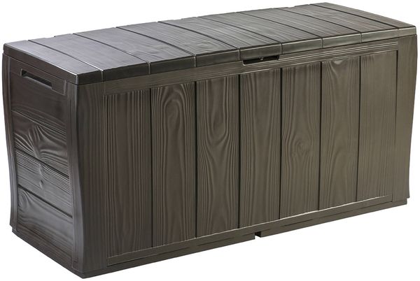 Dmora Aufbewahrungstruhe für draußen Airdrie, Gartenbox, Outdoor-Truhe, Stauraumbank für außen, 117x45 h58 cm, Braun